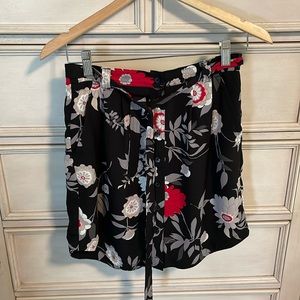 LOFT Black Floral Button Front Tie Waist Polyester Skirt Size XS